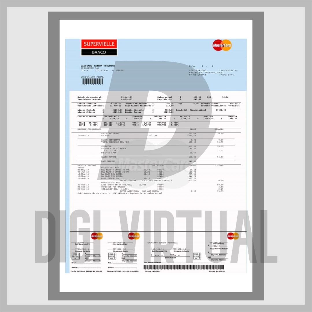 สลิปธนาคาร Argentina Supervielle — เทมเพลต PDF ที่แก้ไขได้ (2 หน้า)