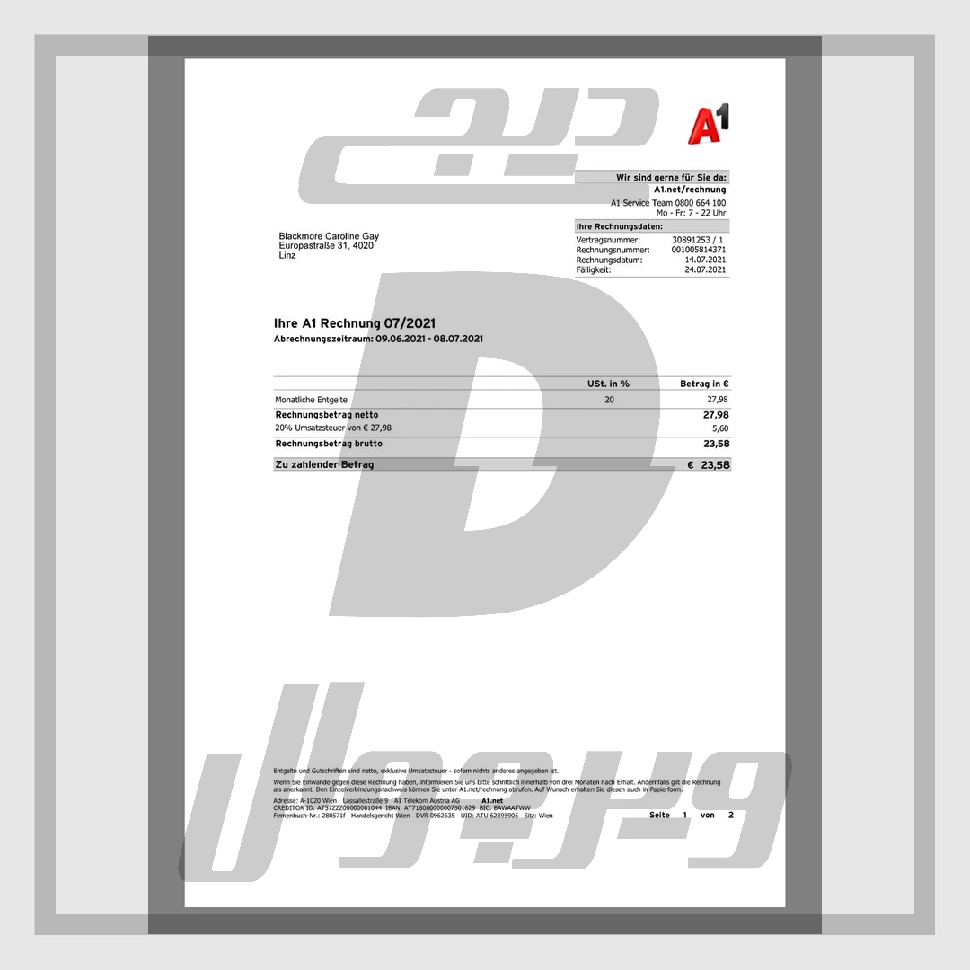 قبض تلفن و اینترنت A1 Telekom اتریش — قالب PDF صورتحساب ماهانه آلمانی‌زبان (A1 Net Cube)