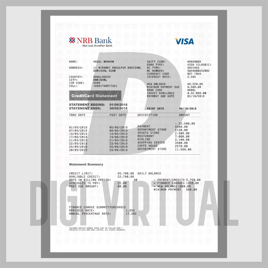 Bangladesh NRB Bank Visa Credit Card Statement — Editable PDF Template