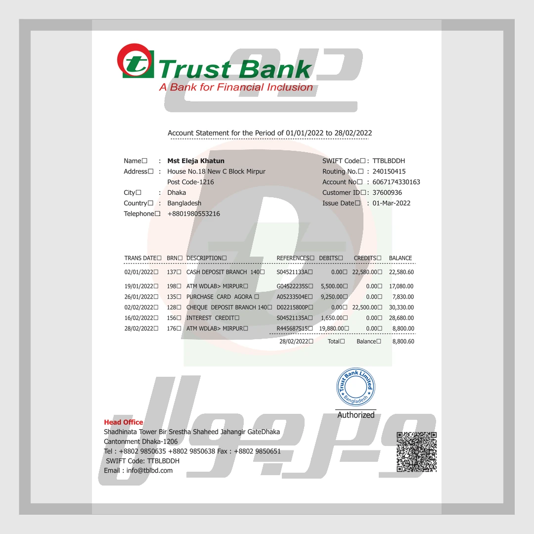 صورت‌حساب بانکی تراست بانک بنگلادش — قالب PDF قابل ویرایش
