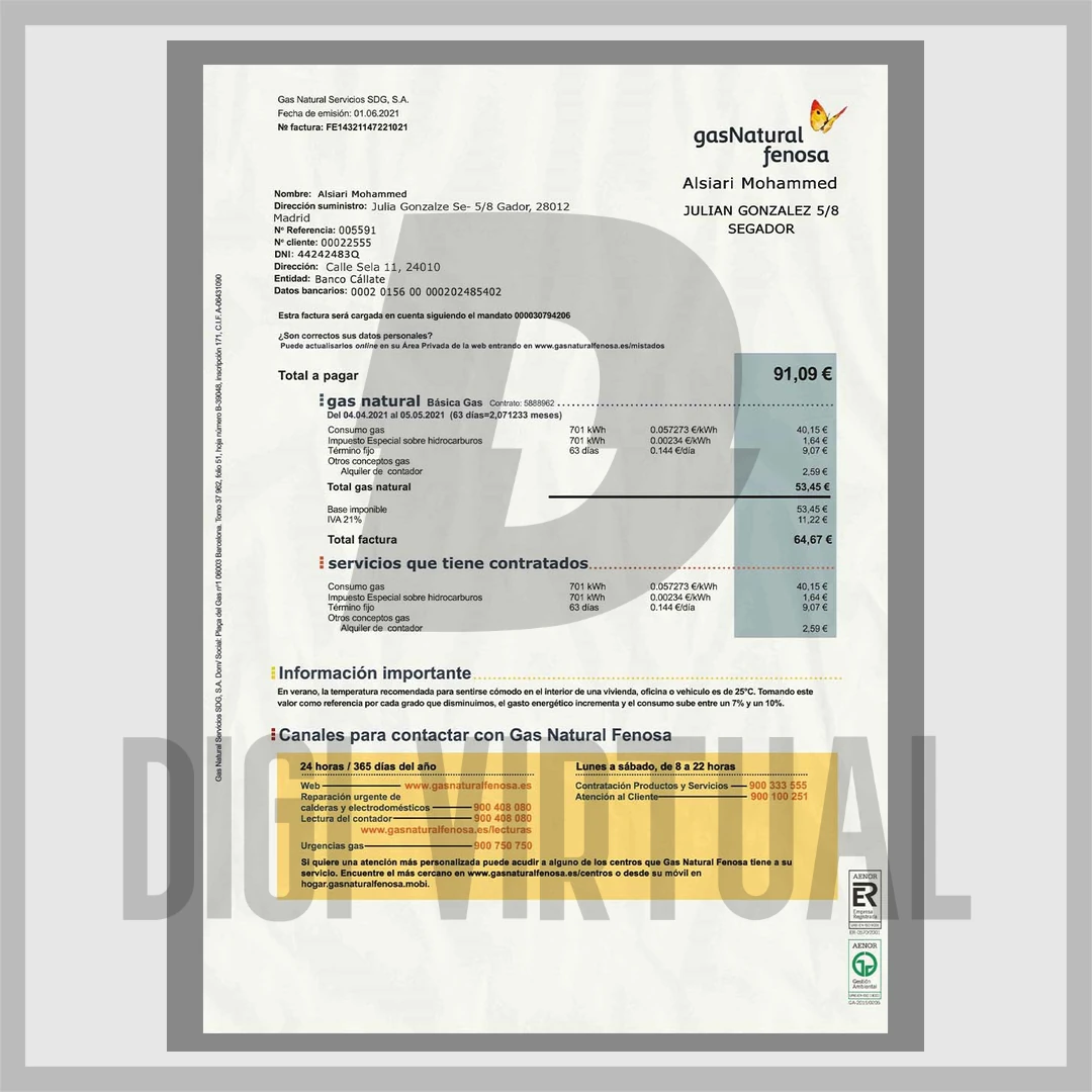 Spain Gas Natural Utility Bills — Editable PSD Template