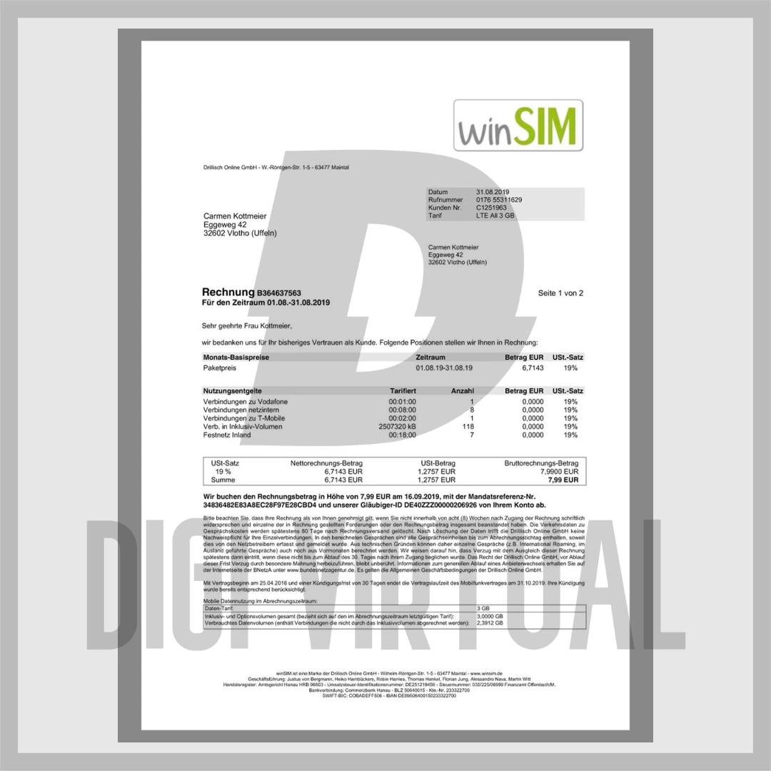 Niemcy WinSIM Faktura Mobilna — Edytowalny szablon PDF