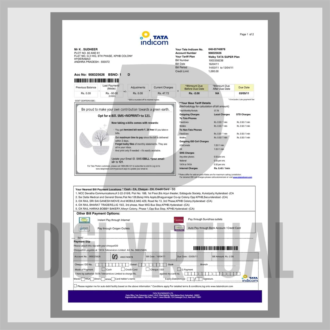 TATA Indicom matkapuhelinlasku PDF-pohja — täysin muokattava