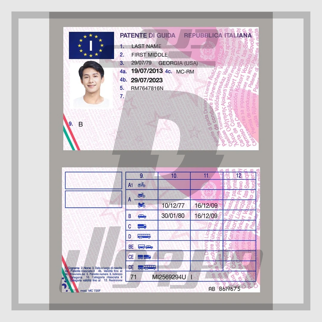 قالب لایه باز گواهینامه رانندگی ایتالیا (PSD) — نسخه کلاسیک V1 با فرم MC 720F در ابعاد 4049x2556 پیکسل