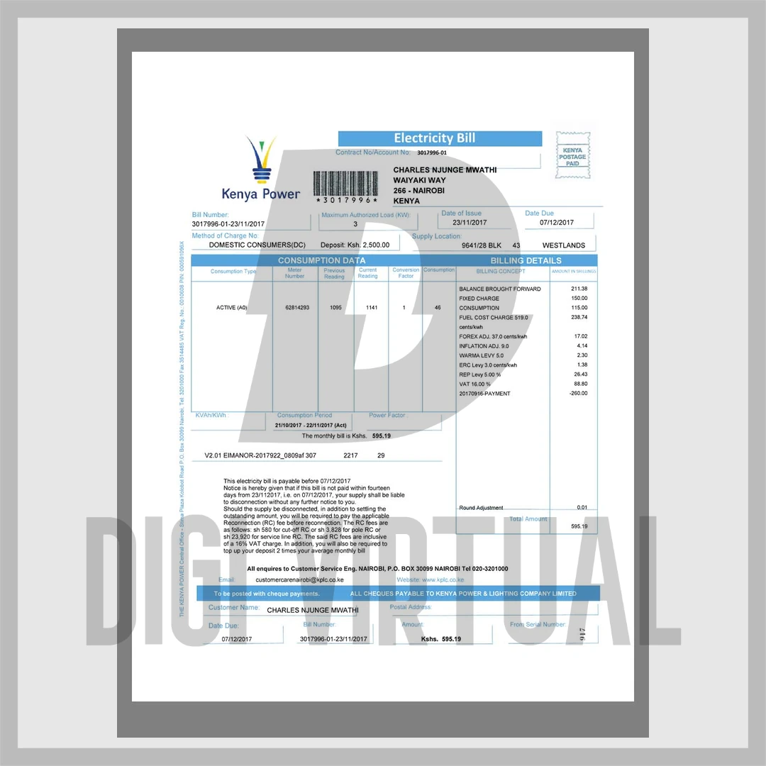 Modelo de fatura de eletricidade Kenya Power — PDF totalmente editável
