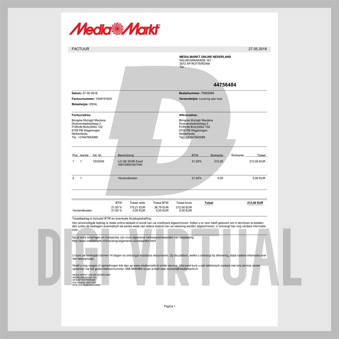 Alankomaalainen MediaMarkt-ostolasku -pohja — täysin muokattava PDF
