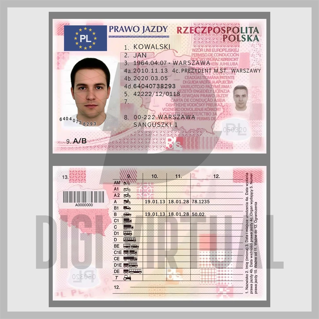 Poland driving licence PSD template — old print version (V1) preview with PRAWO JAZDY header, front and back of the printable Polish driving licence card