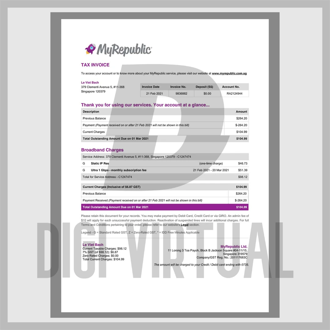 Plantilla de factura móvil MyRepublic Singapur — PDF totalmente editable