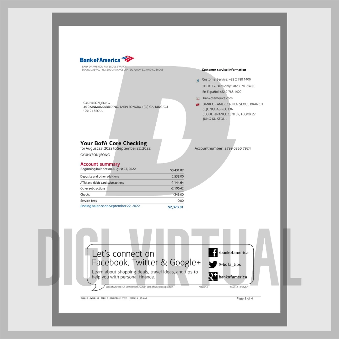เทมเพลตรายการบัญชีธนาคาร BOA (เกาหลีใต้) — PDF แก้ไขได้