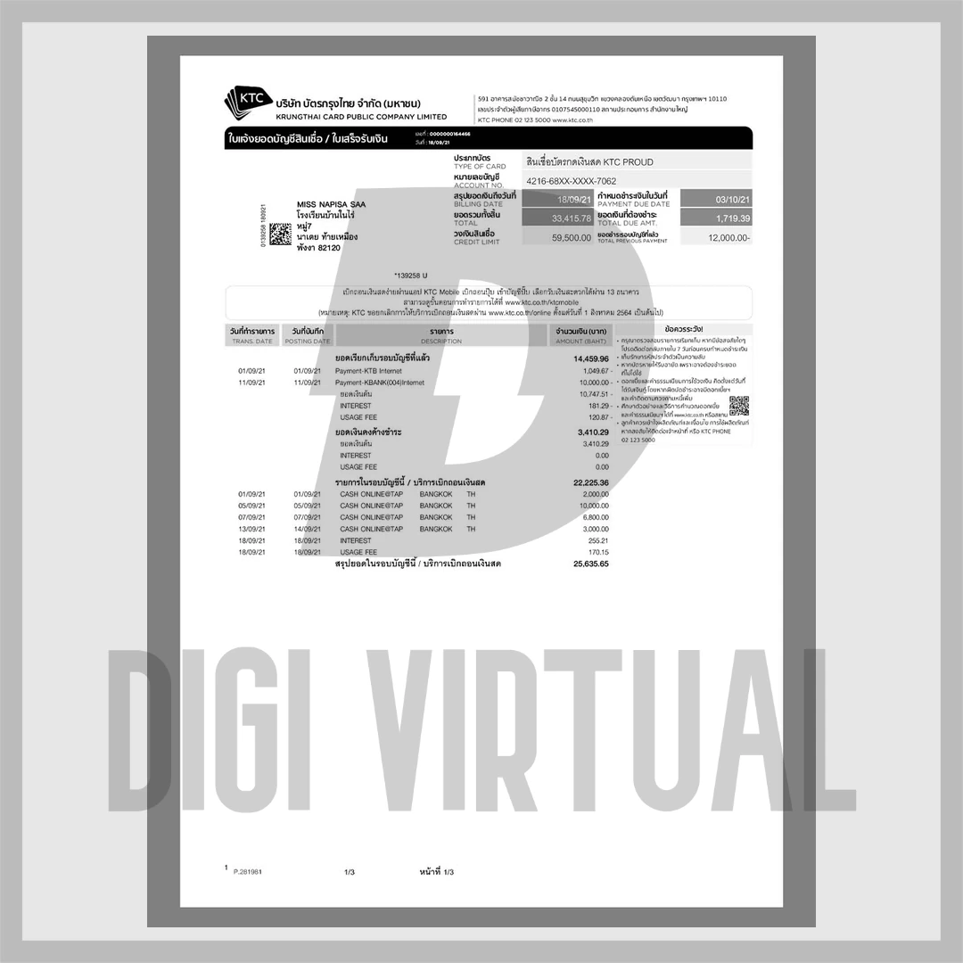 Thailand KTC Credit Card Statement Template — Fully Editable PDF