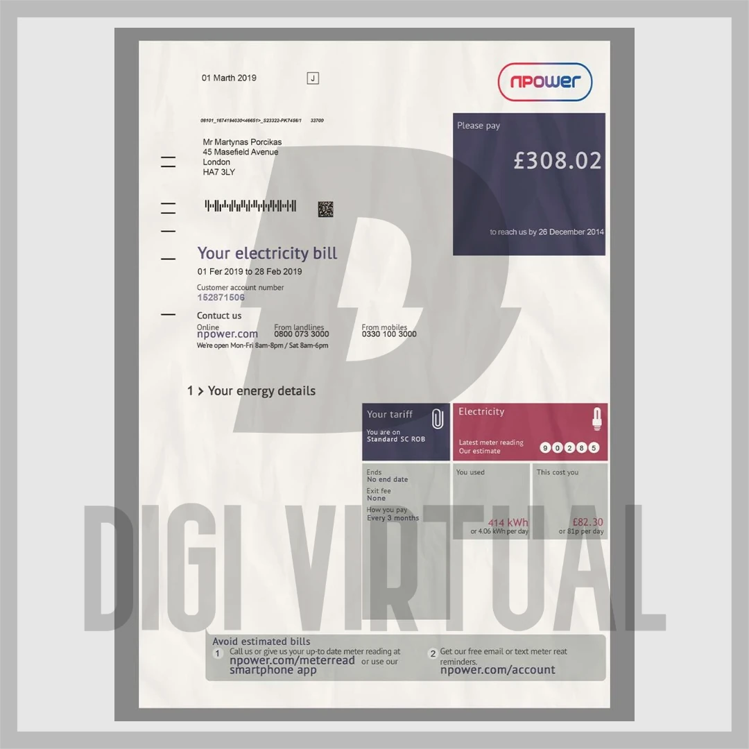 Plantilla PSD de factura de energía UK Npower (PSD V2 + PSD V1 + PDF V1)