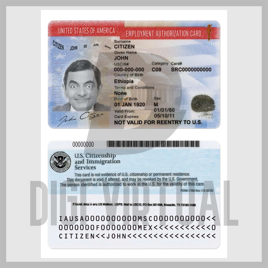 Шаблон PSD картки дозволу на роботу США (Employment Authorization Card, V2) — повністю редагована