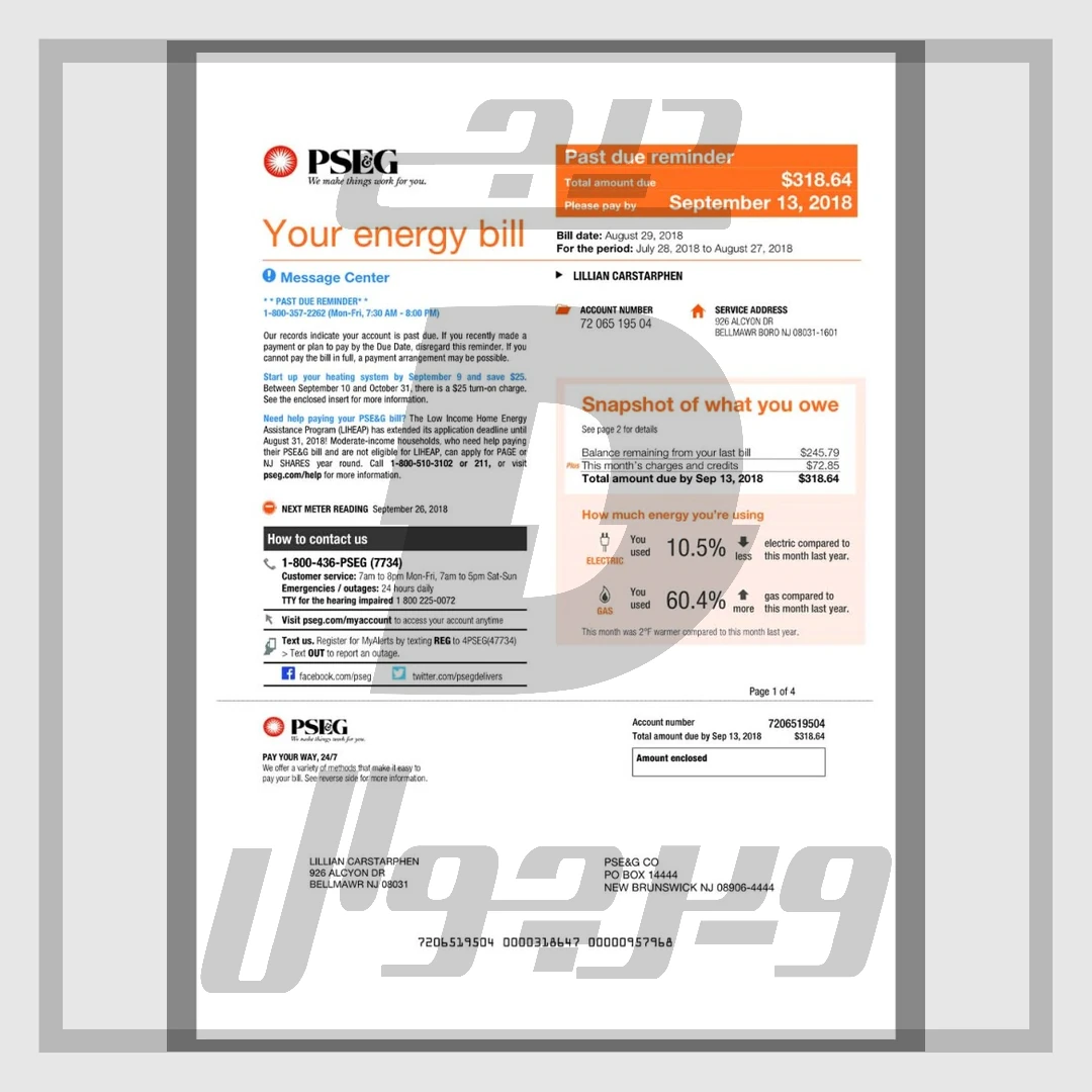 فایل لایه باز قبض برق و گاز PSEG نیوجرسی آمریکا (PDF ۴ صفحه‌ای کاملاً قابل ویرایش)