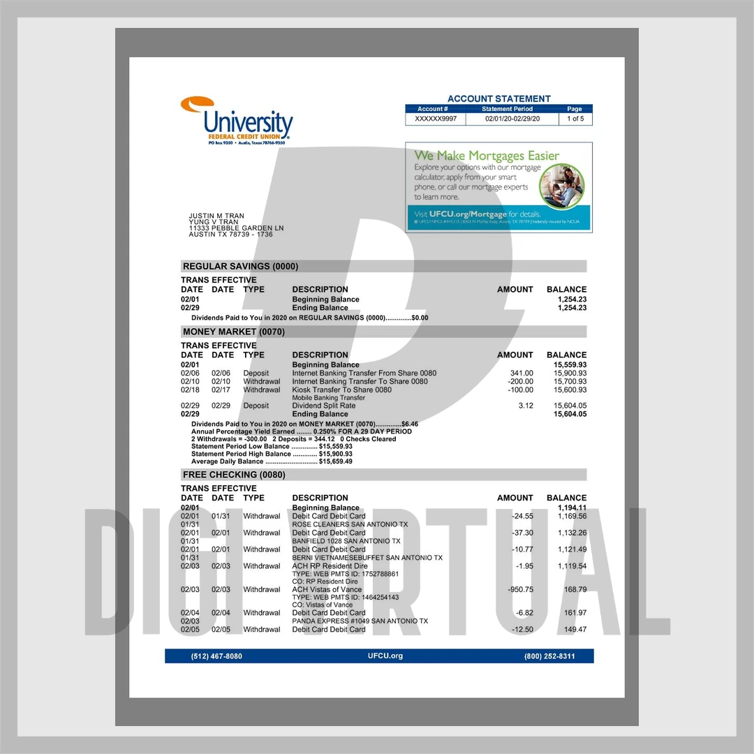 USA Texas UFCU Bank Statement PDF Template (5 Pages)
