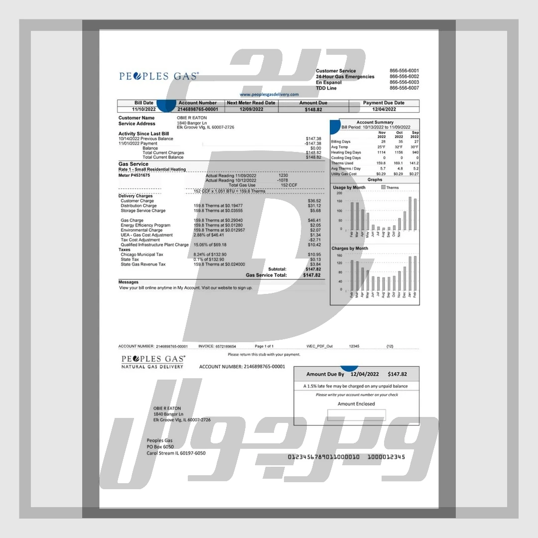 قالب قبض گاز Peoples Gas ایلینوی آمریکا — فایل Word و PDF کاملاً ویرایش‌پذیر