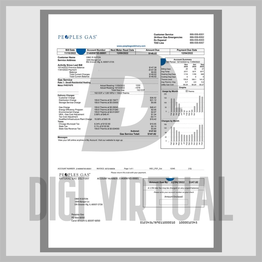 Plantilla Word/PDF de factura de Peoples Gas de Illinois (EE. UU.) — editable
