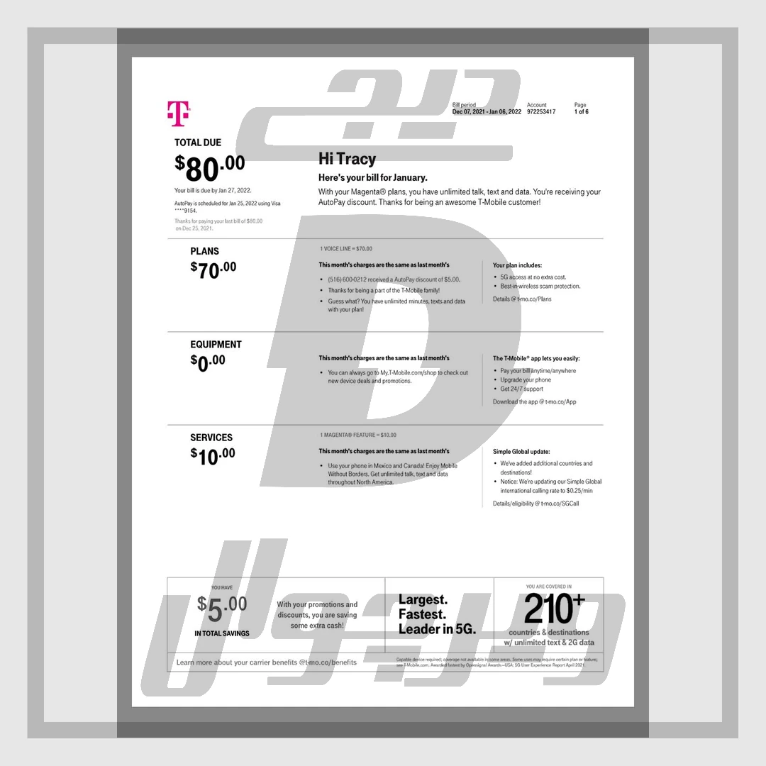 فایل لایه باز قبض موبایل T-Mobile آمریکا (PDF) — صورت‌حساب اپراتور تی‌موبایل قابل ویرایش