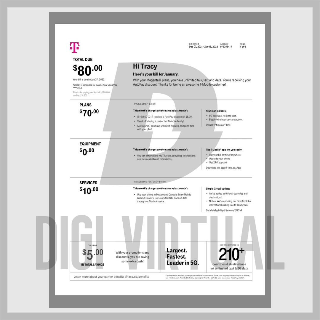 Factura de teléfono T-Mobile EE. UU. — plantilla PDF totalmente editable