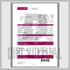 Qatar QTEL telecomfaktura PDF-mal — 6-siders tospråklig månedlig regning