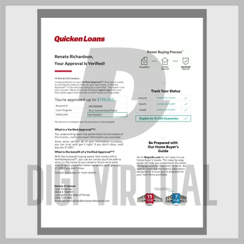 美国Quicken Loans贷款批准信模板 — 完全可编辑PDF