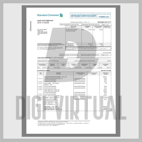 Extrato bancário Standard Chartered Hong Kong — modelo PDF