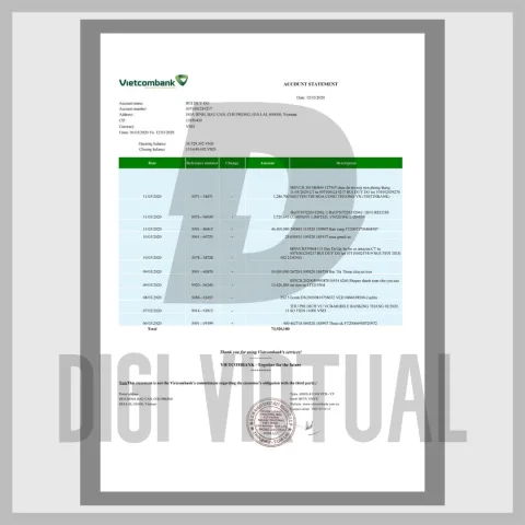 Bankovní výpis Vietnam Vietcombank — upravitelná PDF šablona (VND, 1 stránka)